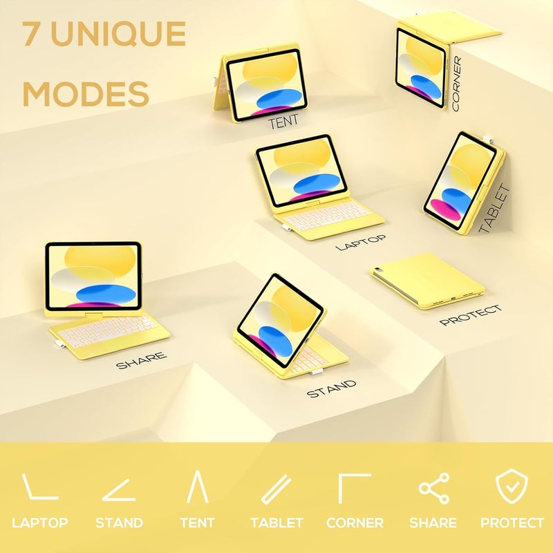 typecase حافظة آيباد 11 الجيل العاشر مع لوحة مفاتيح (11" 2025، A16 و 10.9" 2022) – قابلة للدوران 360°، إضاءة خلفية بـ 11 لون، لوحة تتبع متعددة اللمس، حامل قلم، رقيقة وخفيفة – صفراء - Image 5